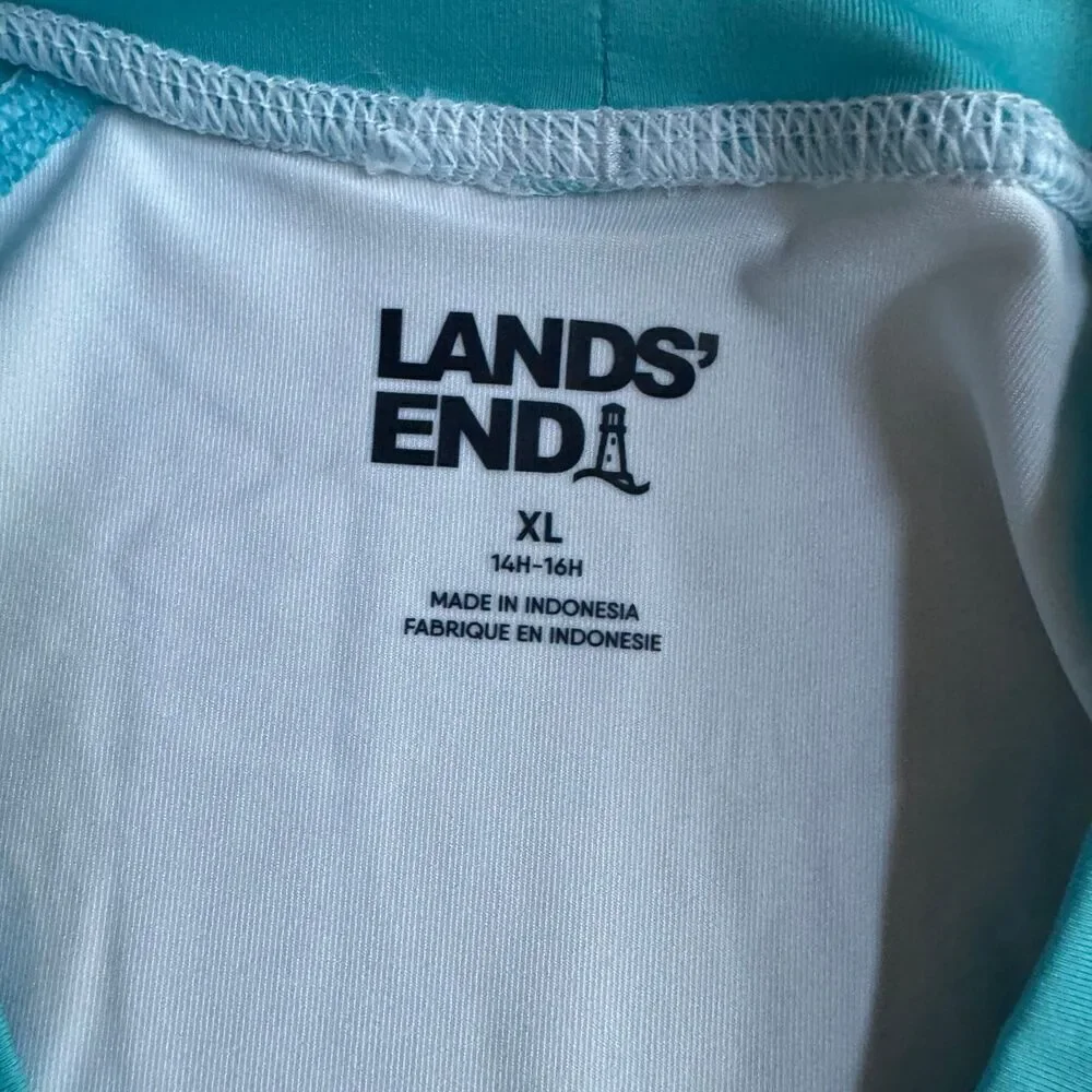 Land’s End Blue Turquoise White Swim Top Rash Guard Sharks Boys XL 14-16 NWOT